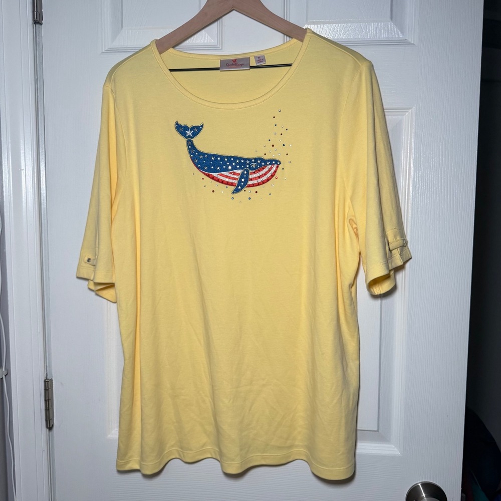 Quacker Factory Butter Yellow Patriotic Whale Top XL Star Stripe Nautical USA